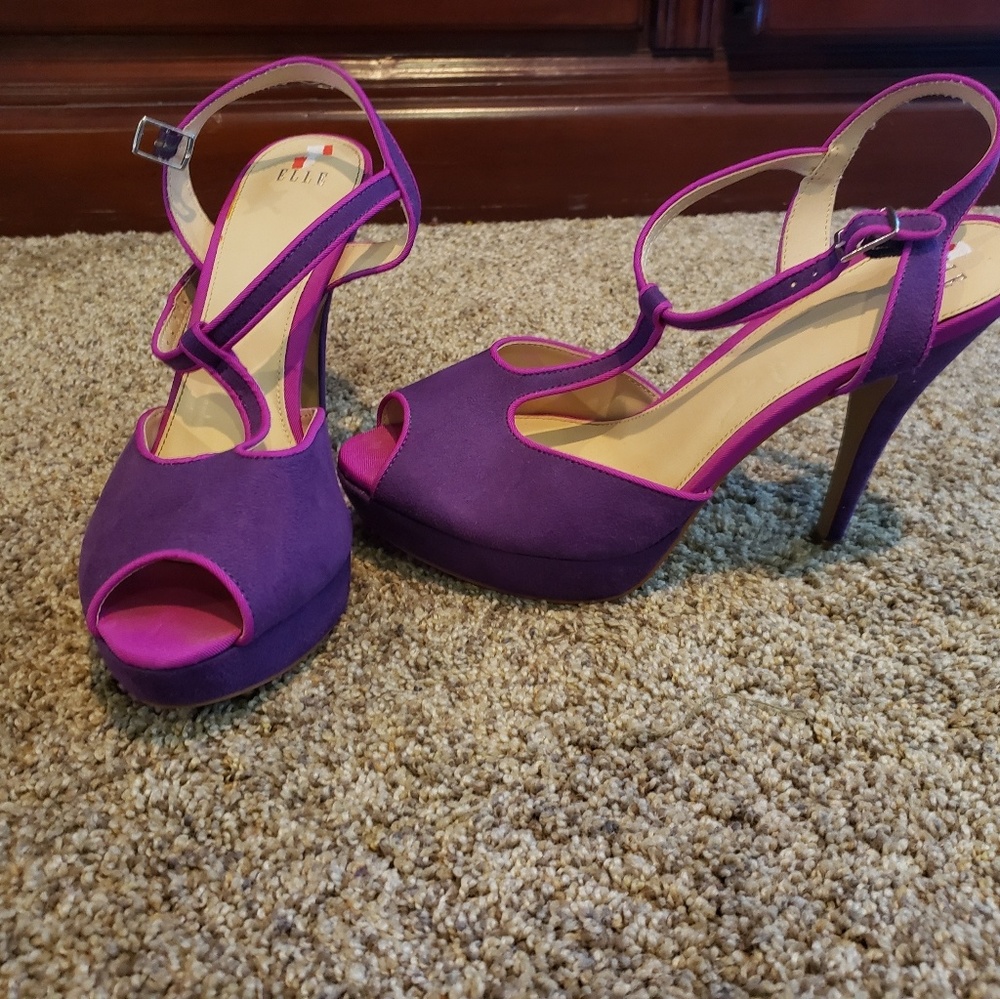 Strappy purple suede heels